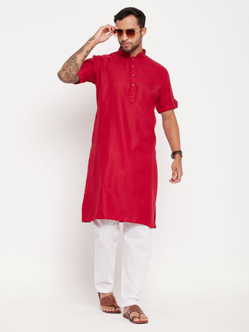 Vastramay Men's Maroon Solid Kurta with White Pyjama Set