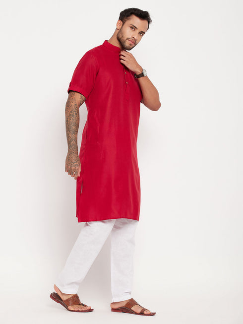 Vastramay Men's Maroon Solid Kurta with White Pyjama Set