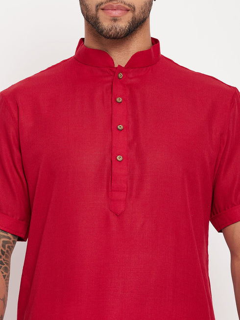 Vastramay Men's Maroon Solid Kurta with White Pyjama Set