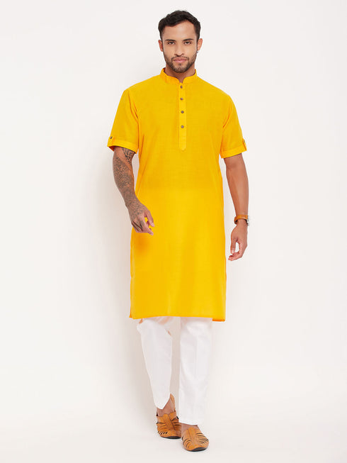 Vastramay Men's Mustard Solid Kurta with White Pant Style Pyjama Set
