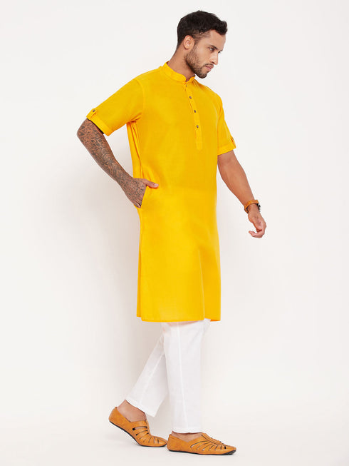 Vastramay Men's Mustard Solid Kurta with White Pant Style Pyjama Set