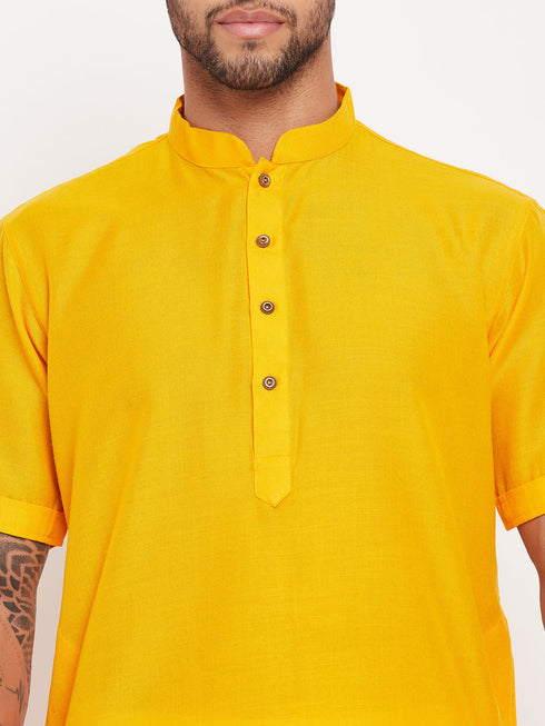Vastramay Men's Mustard Solid Kurta with White Pant Style Pyjama Set