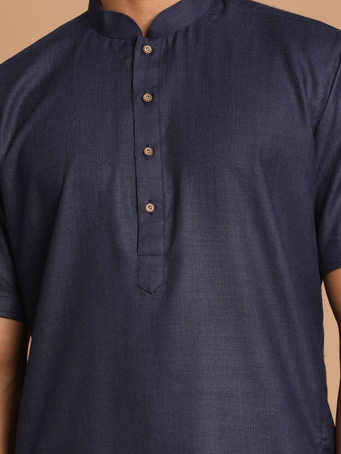 Vastramay Men's Navy Blue Solid Kurta with White Pant style Cotton Pyjama Set