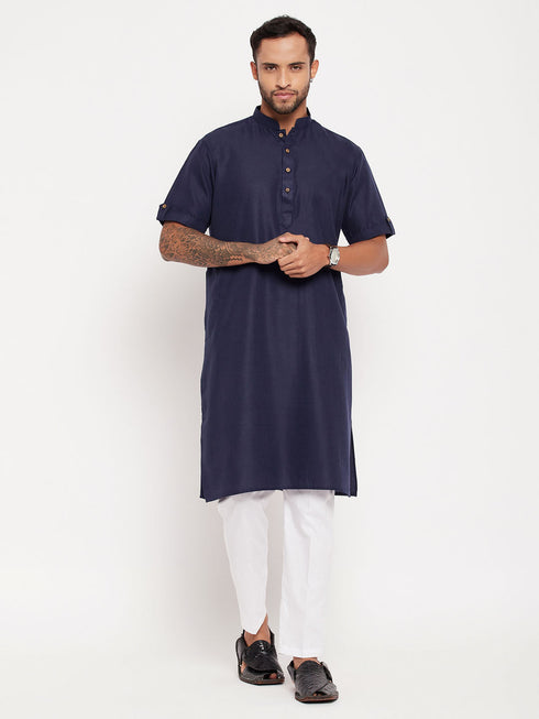 Vastramay Men's Navy Blue Solid Kurta with White Pant style Cotton Pyjama Set