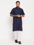 Vastramay Men's Navy Blue Solid Kurta with White Pant style Cotton Pyjama Set