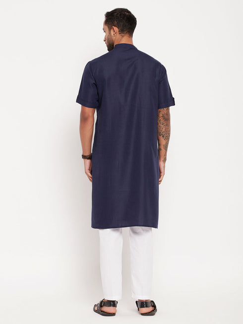 Vastramay Men's Navy Blue Solid Kurta with White Pant style Cotton Pyjama Set