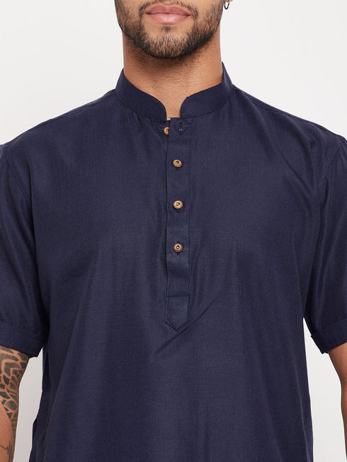 Vastramay Men's Navy Blue Solid Kurta with White Pant style Cotton Pyjama Set