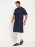 Vastramay Men's Navy Blue Solid Kurta with White Pant style Cotton Pyjama Set