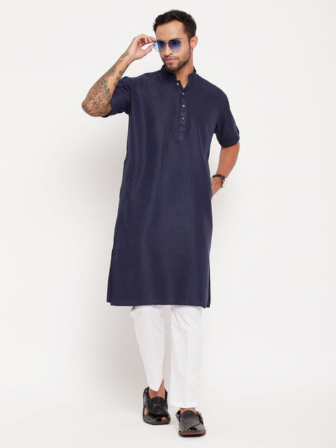 Vastramay Men's Navy Blue Solid Kurta with White Pant style Cotton Pyjama Set