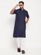 Vastramay Men's Navy Blue Solid Kurta with White Pant style Cotton Pyjama Set