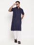 Vastramay Men's Navy Blue Solid Kurta with White Pant style Cotton Pyjama Set