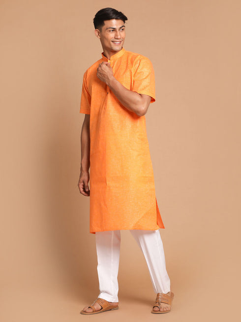 Vastramay Men's Orange Solid Kurta with White Pant style Cotton Pyjama Set
