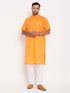 Vastramay Men's Orange Solid Kurta with White Pant Style Pyjama Set