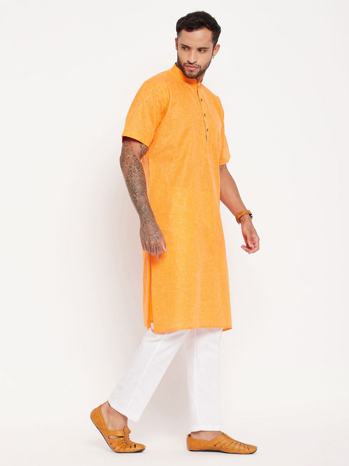 Vastramay Men's Orange Solid Kurta with White Pant Style Pyjama Set