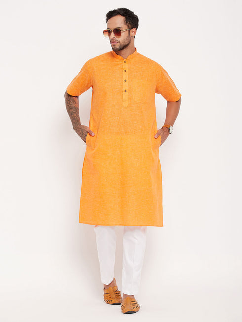 Vastramay Men's Orange Solid Kurta with White Pant Style Pyjama Set