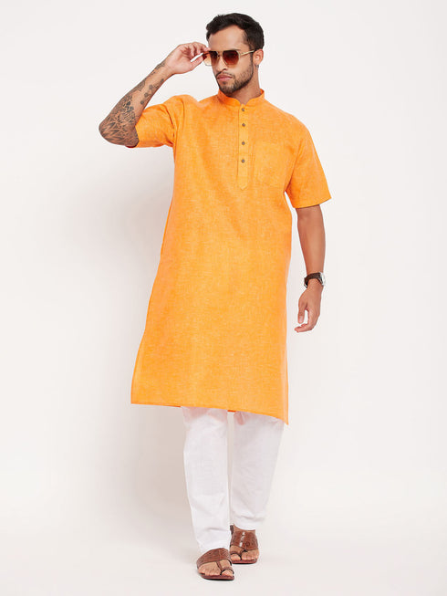 Vastramay Men's Orange Solid Kurta with White Pyjama Set