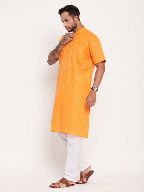 Vastramay Men's Orange Solid Kurta with White Pyjama Set