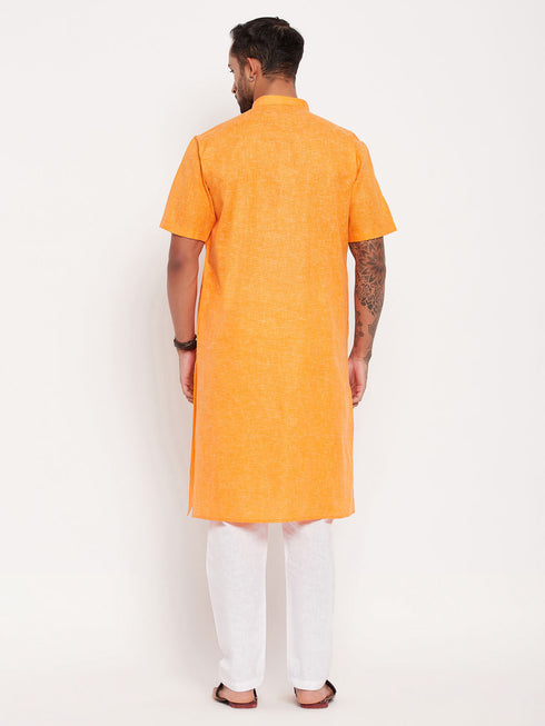 Vastramay Men's Orange Solid Kurta with White Pyjama Set