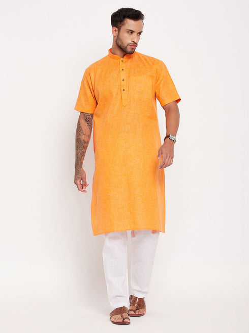 Vastramay Men's Orange Solid Kurta with White Pyjama Set