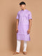 Vastramay Men's Purple Solid Kurta with White Pant style Cotton Pyjama Set
