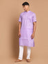 Vastramay Men's Purple Solid Kurta with White Pant style Cotton Pyjama Set