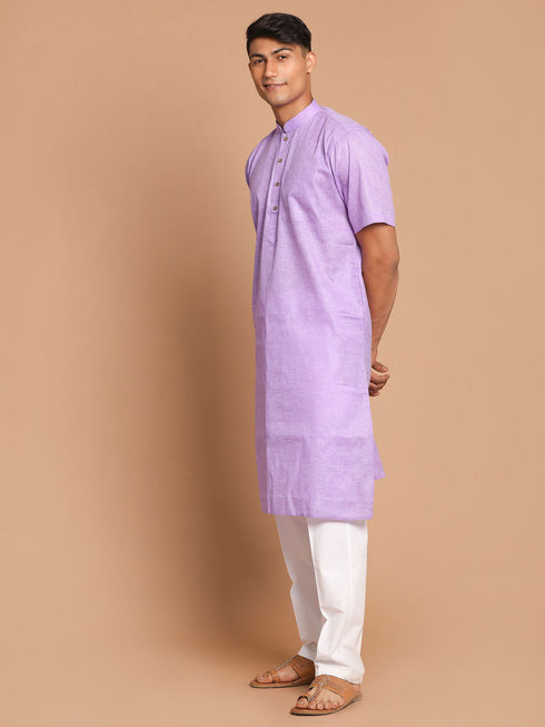 Vastramay Men's Purple Solid Kurta with White Pant style Cotton Pyjama Set