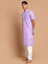 Vastramay Men's Purple Solid Kurta with White Pant style Cotton Pyjama Set