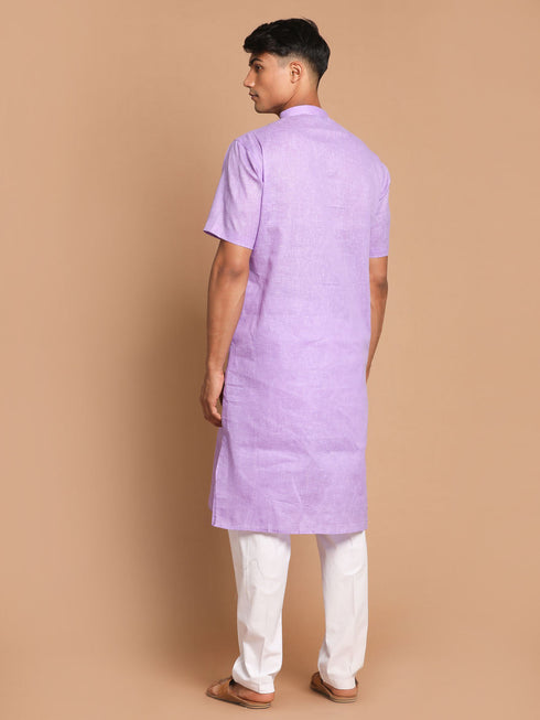 Vastramay Men's Purple Solid Kurta with White Pant style Cotton Pyjama Set