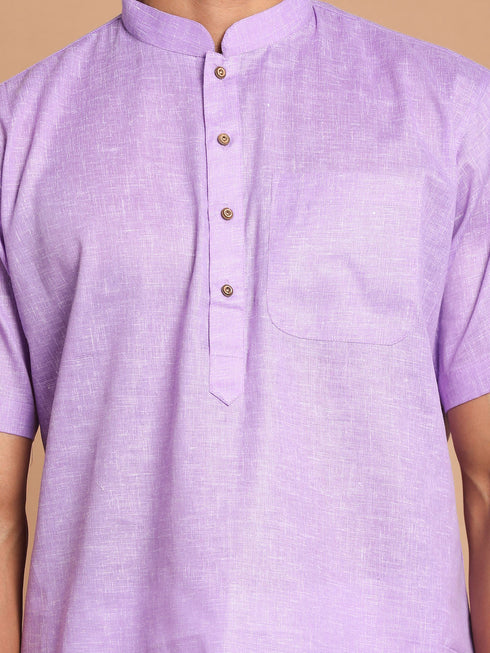 Vastramay Men's Purple Solid Kurta with White Pant style Cotton Pyjama Set