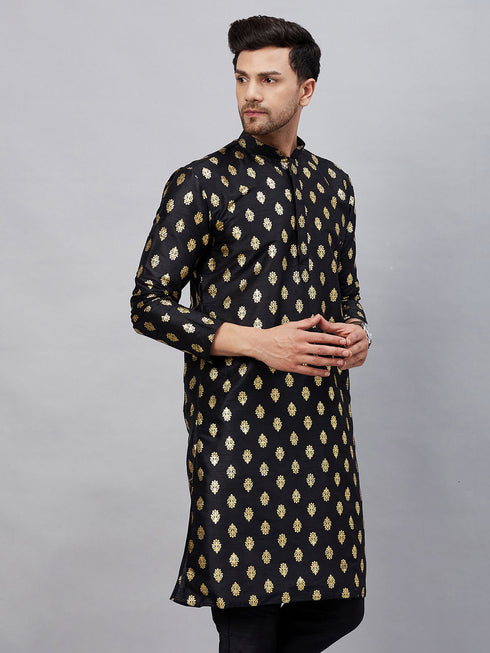 Vastramay Men's Black Foil Print Silk Blend Kurta