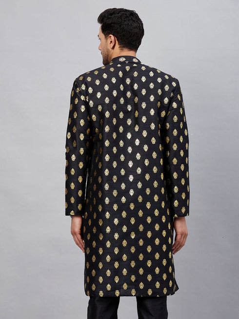 Vastramay Men's Black Foil Print Silk Blend Kurta