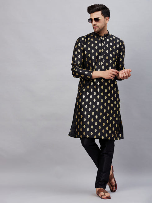 Vastramay Men's Black Foil Print Silk Blend Kurta Pyjama Set