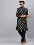 Vastramay Men's Black Foil Print Silk Blend Kurta Pyjama Set