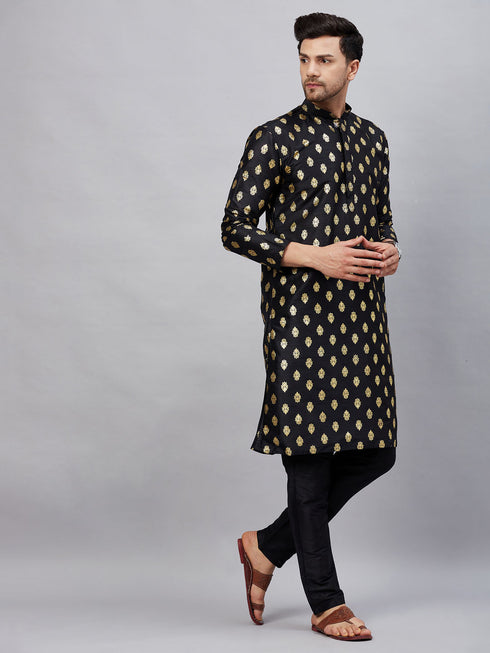 Vastramay Men's Black Foil Print Silk Blend Kurta Pyjama Set