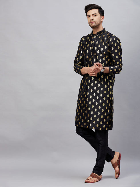 Vastramay Men's Black Foil Print Silk Blend Kurta Pyjama Set