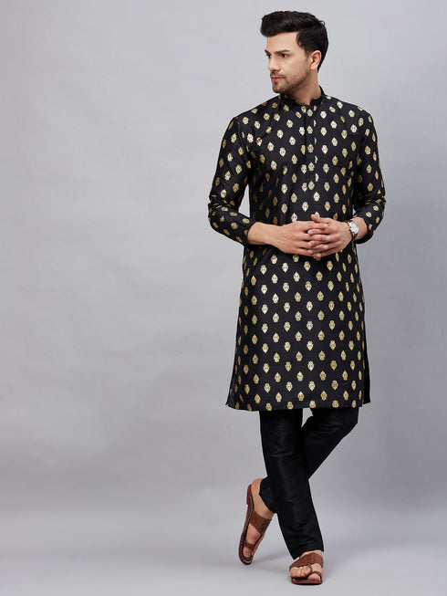 Vastramay Men's Black Foil Print Silk Blend Kurta Pyjama Set