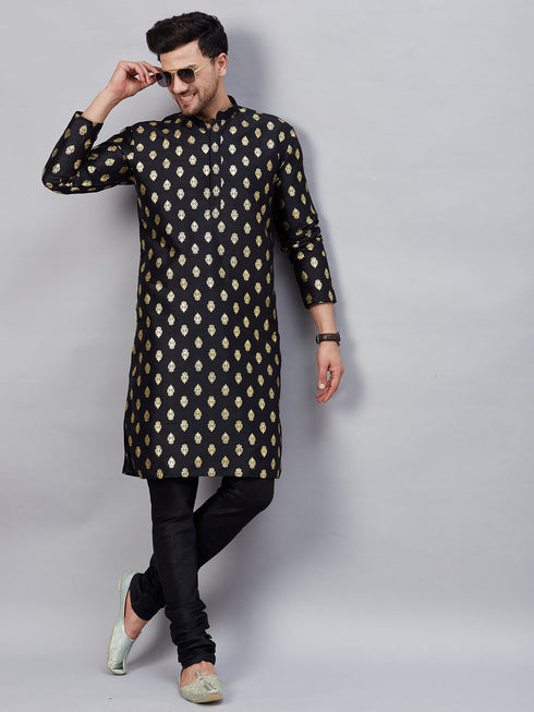 Vastramay Men's Black Foil Print Silk Blend Kurta Pyjama Set