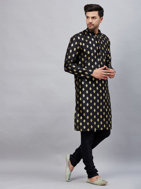 Vastramay Men's Black Foil Print Silk Blend Kurta Pyjama Set