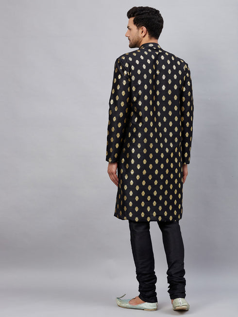 Vastramay Men's Black Foil Print Silk Blend Kurta Pyjama Set
