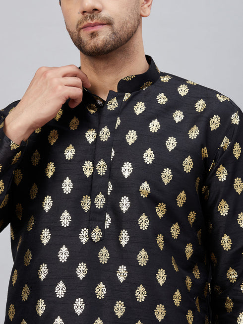 Vastramay Men's Black Foil Print Silk Blend Kurta Pyjama Set