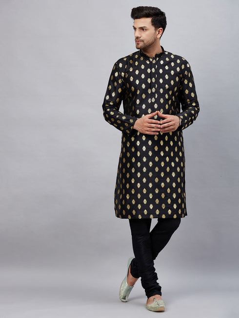 Vastramay Men's Black Foil Print Silk Blend Kurta Pyjama Set