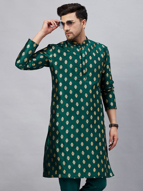 Vastramay Men's Green Foil Print Silk Blend Kurta