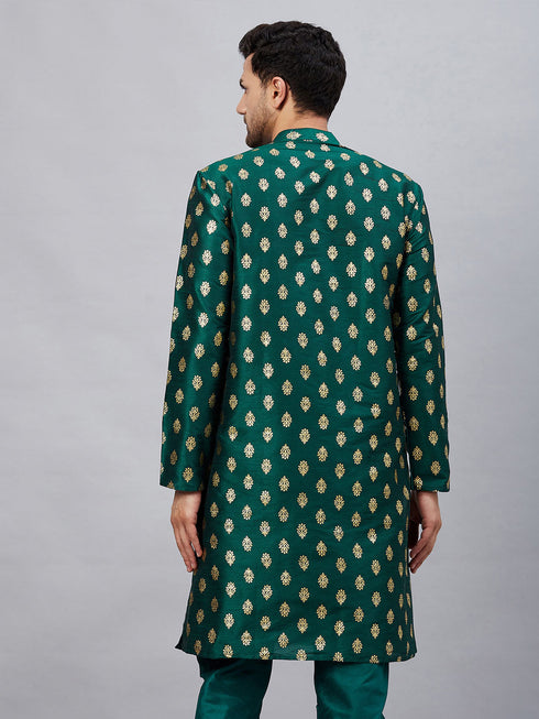Vastramay Men's Green Foil Print Silk Blend Kurta