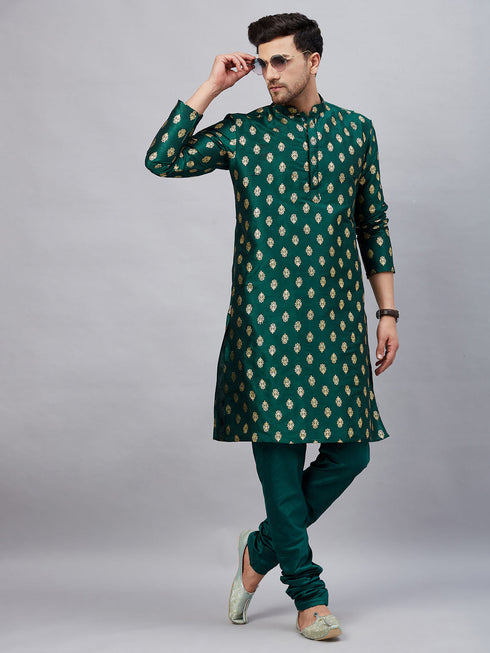 Vastramay Men's Green Foil Print Silk Blend Kurta Pyjama Set