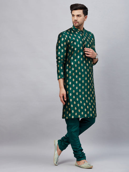 Vastramay Men's Green Foil Print Silk Blend Kurta Pyjama Set