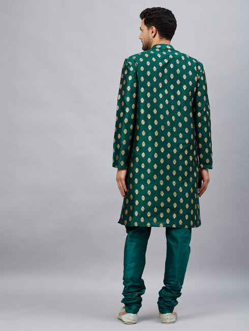 Vastramay Men's Green Foil Print Silk Blend Kurta Pyjama Set