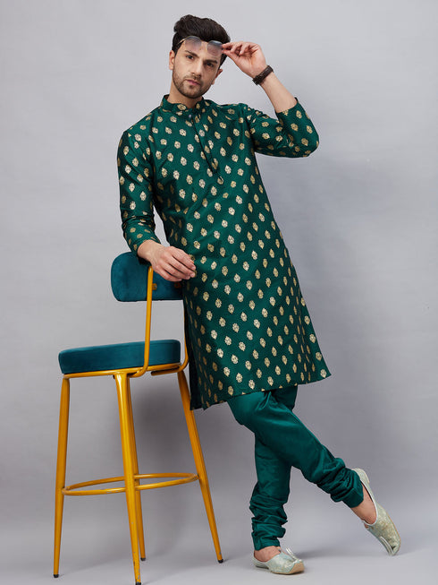 Vastramay Men's Green Foil Print Silk Blend Kurta Pyjama Set