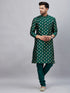 Vastramay Men's Green Foil Print Silk Blend Kurta Pyjama Set