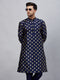 Vastramay Men's Navy Blue Foil Print Silk Blend Kurta