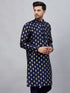 Vastramay Men's Navy Blue Foil Print Silk Blend Kurta